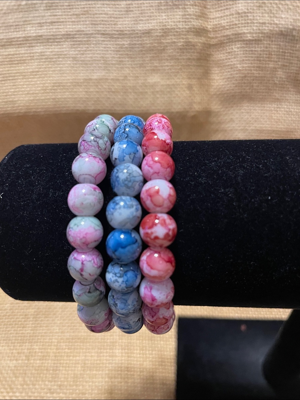 Trio Stretch Bead Bracelets — Textured- Marble looking Pink & Blue Tones